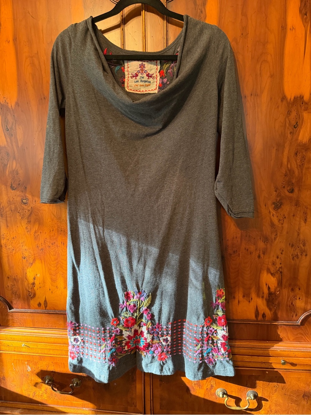 Johnny Was JW Embroidered Gray Cowl Neck Dress Size S